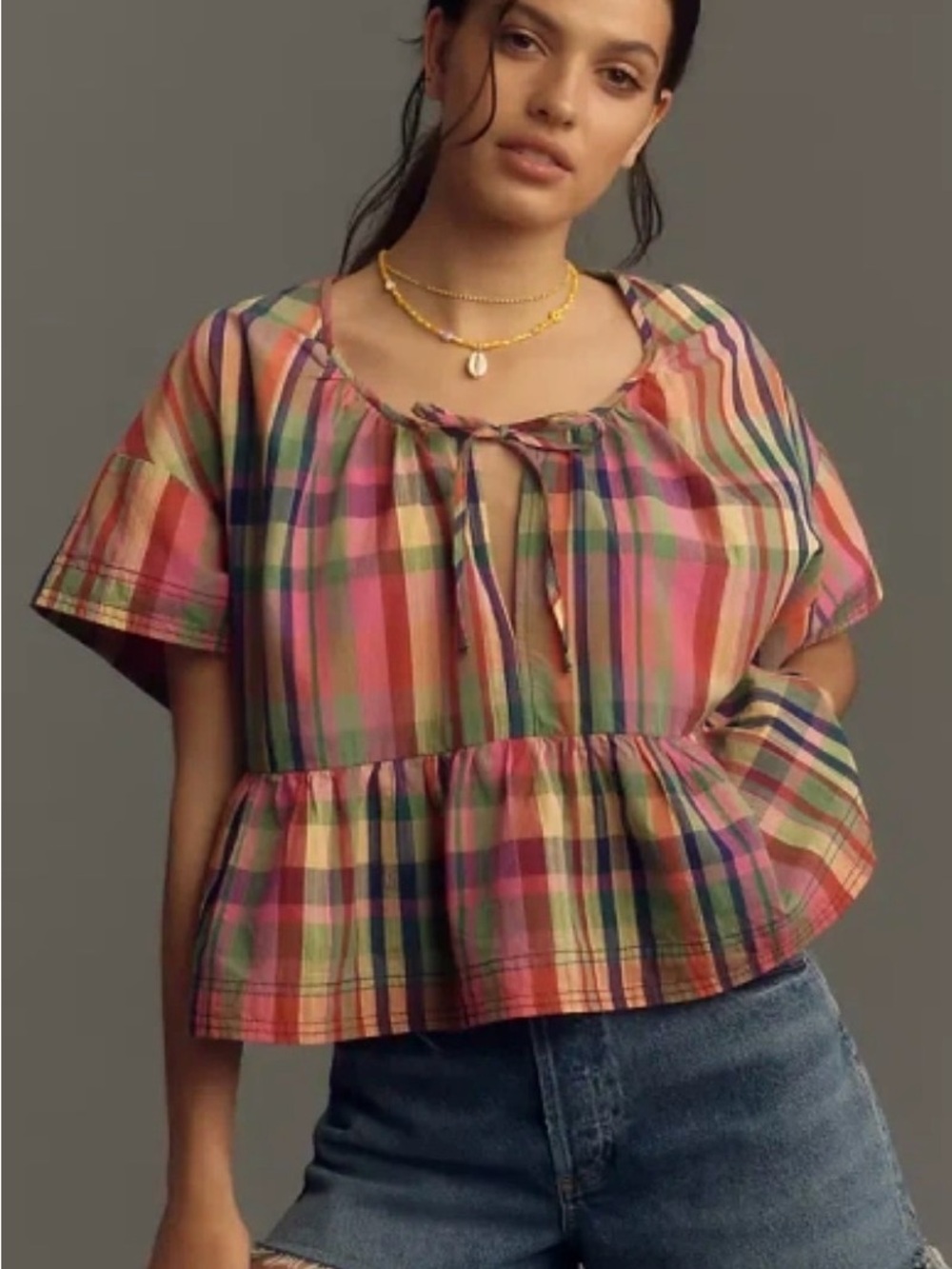 Pilcro Tavi Multicolor Plaid Tie-Neck Peplum Top